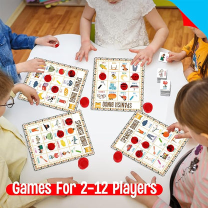 SpriteGru Spanish Bingo Game, 12 Vocabulary Bingo Board Game Bilingual Word Learning Educational Toys for Words Learning - Ages 5 and up (Up to 12 Players)