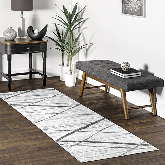 nuLOOM Trellis Stripes Machine Washable Ultra Thin Runner Rug, 2' 6" x 8', Light Grey