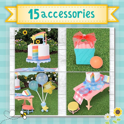 Honey Bee Acres Birthday Wishes Playset, 15 Piece Miniature Dollhouse Party Set with Cat Figure, Rainbow Cake, Balloons & Gift, Pretend Play Birthday Celebration for Kids Ages 3+