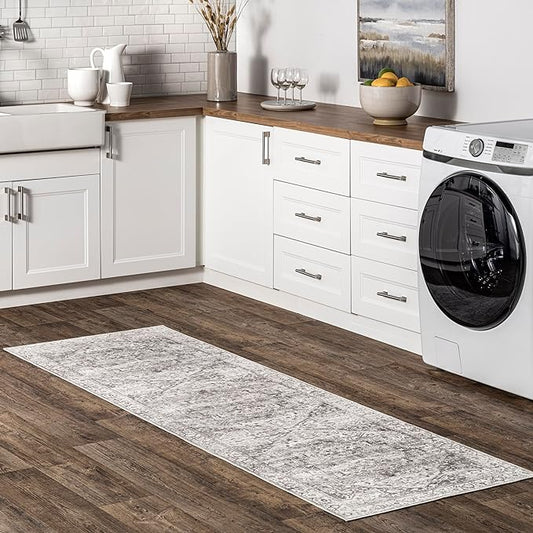 nuLOOM 2x10 Machine Washable Rain Haven Vintage Medallion Area Rug, Grey, Traditional Faded Design, Non-Slip Backing, Stain Resistant, For Bedroom, Dining Room, Living Room, Kitchen