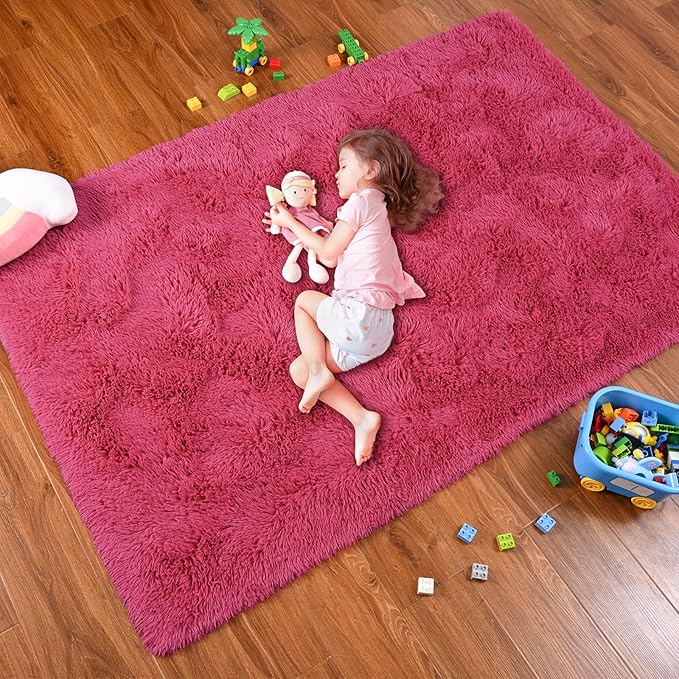 Softlife Rug for Bedroom 4x5.3 Feet Area Rug for Living Room Super Soft Shaggy Rugs for Kids Room Fluffy Fuzzy Carpets Long Plush Bedside Rug Nursery Christmas Home Decoration for Boys Girls, Rose Red
