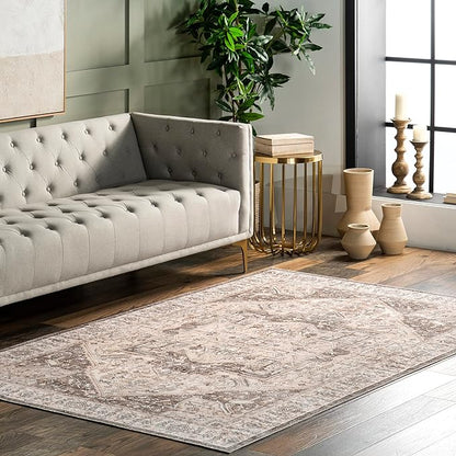 nuLOOM 4x6 Machine Washable Rain Haven Vintage Medallion Area Rug, Brown, Traditional Faded Design, Non-Slip Backing, Stain Resistant, For Bedroom, Dining Room, Living Room, Kitchen