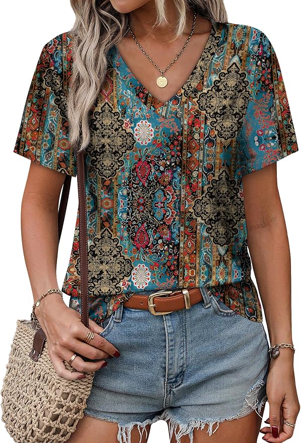 Alaroo Womens Summer Tops 2026 V Neck Short Sleeve Shirts Trendy Dressy Casual Vacation Outfits Printed