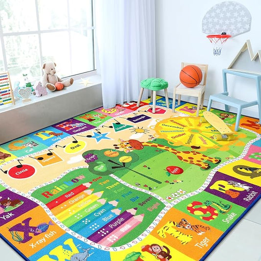 Chicrug Educational 3x5 Kids Area Rug for Playroom, TPR Non Slip Kids Classroom Carpet Rug for Learning ABC Animal, Shape Color Fruit, Washable Play Mat Rug for Children Nursery Toddler Room Decor