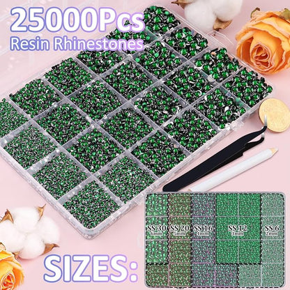 25000Pcs Resin Rhinestones for Crafting, Emerald Green 2-6mm Mixed Sizes Non Hotfix Flatback Gems with 1Pcs Glue, Bedazzling Crystal for DIY Craft Clothing Mugs Tumblers Shoes Fabric Decor Nail Art