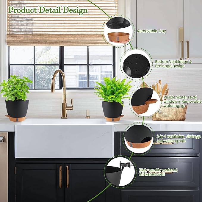 Self Watering Pots for Inoor Ourdoor Plants 10/9/8/7/6.5 Inch Plastic Planters with Drainage Holes & Water Level Indicator, Decorative House Flower Nursery Planting Pots with Saucers (Black)