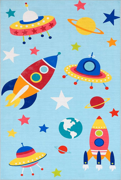 nuLOOM Eddie Outer Space Machine Washable Kids Ultra Thin Area Rug, 7' x 9', Light Blue Multi