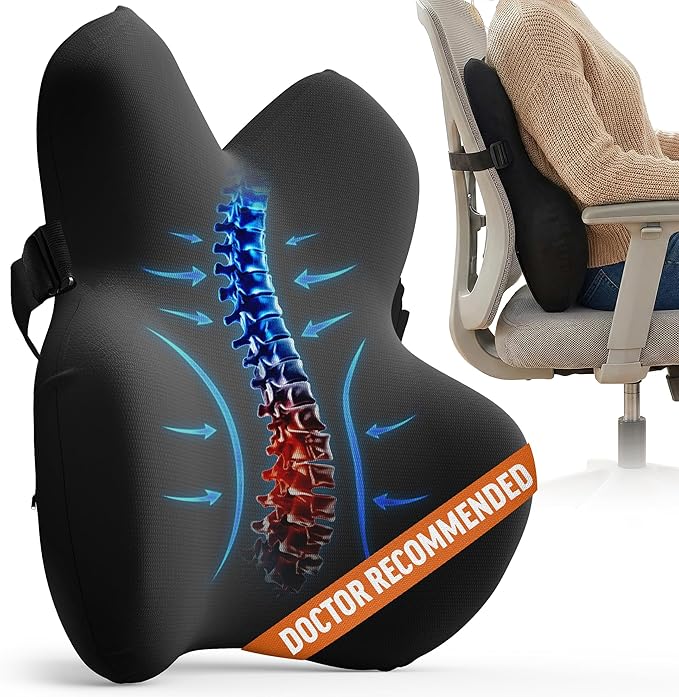 Everlasting Comfort Lumbar Support Pillow for Office Chair - Memory Foam Back Cushion for Car Seat - Promotes Better Posture, Back Pain Relief - Ideal Gaming and Desk Chairs Work and Home Essentials