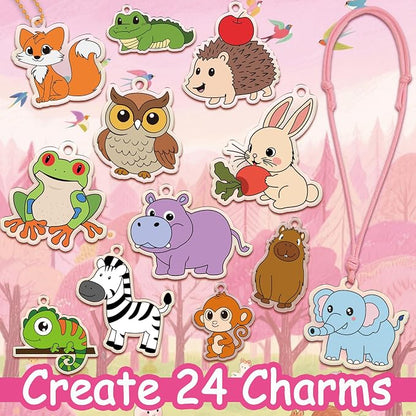 Shrink Fun 75PCS Shrinky Dinks Sheets Craft Kits for Kids, Includes 24 Pre Cut Forest Animal Charms, 24 Learning Cards and More, Keychain&Necklace Making Kit for Girls, Ideal Party Favor Age 6+