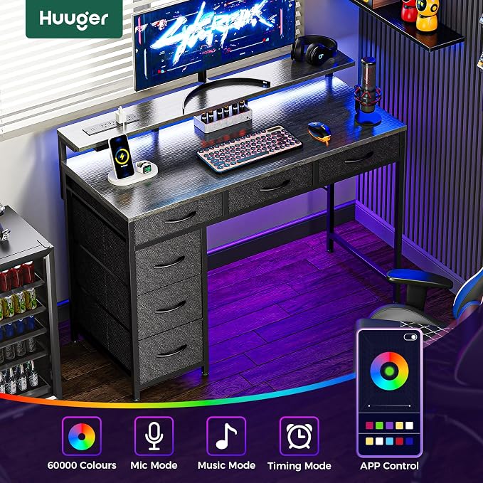 Huuger Gaming Desk with 6 Drawers, Computer Desk with LED Lights Power Outlets and Type-C, 39 Inch Office Desk with Storage, Monitor Stand, Writing & Work Desk for Home Office, Bedroom, Grey