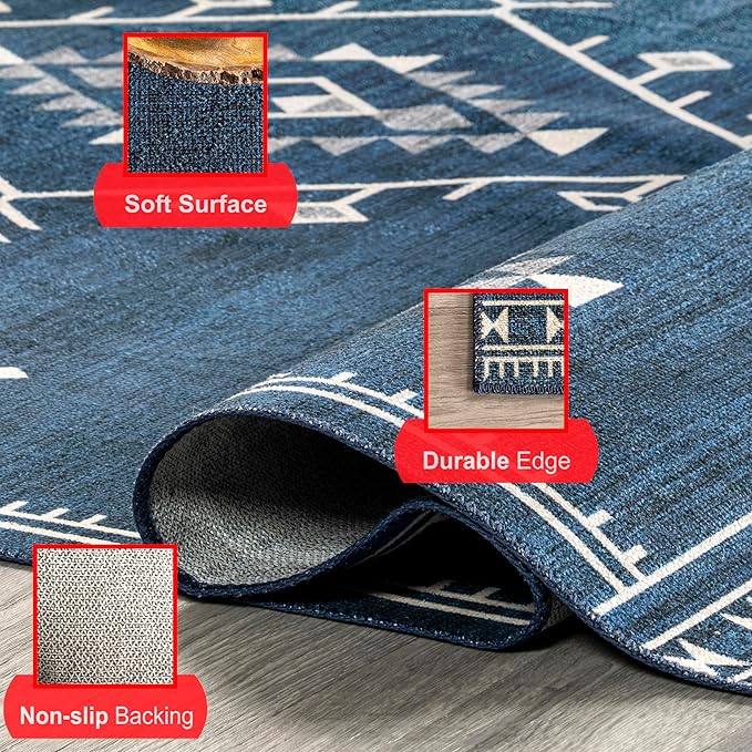 nuLOOM Evalyn Southwestern Machine Washable Ultra Thin Accent Rug, 3' x 5', Navy