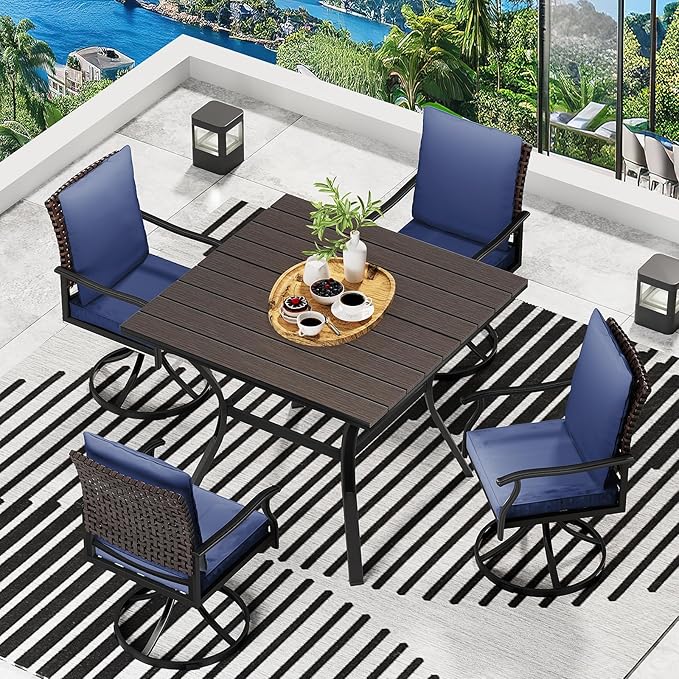 LEVELEVE 5 Piece Outdoor Patio Dining Set with 4 Swivel Dining Chairs & 1 Large Round Dining Table,Bistro Furniture Set for Lawn, Garden, Deck, Backyard and Porch