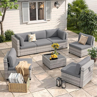 6-Seat Modular Patio Furniture Set – Outdoor Wicker Sectional Sofa with Thick 4″ Cushions, Dual-Strand PE Rattan, Rust-Resistant 18 mm Steel Frame, Backyard Garden Deck Lounge,Gray