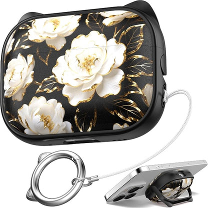 for AirPods Pro 2 Case with Cleaning Kit, Cute Cat Ear Print Design & Cute Buckle for Girls, Phone Holder & Top Safe Lock Buckle Design for AirPods Pro 2nd/1st Gen case, Black Peony
