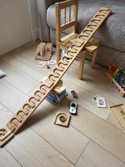 Wooden Marble Run Track Race Wooden Maze Board Ball Run Montessori Educational Toy Gift for Kids Winding Wave Roller Track(Set of 3)