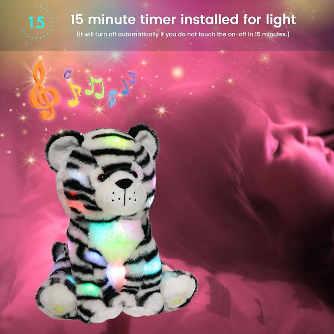 Hopearl LED Musical Stuffed Tiger Lighting Up Singing Plush Toy Adjustable Volume Lullaby Animated Soothe Birthday Festival for Kids Boys Girls, 11''