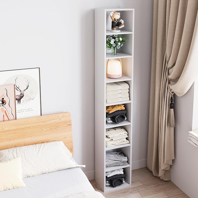 Bamjoy 71 Inches Tall Narrow Bookshelf, 8-Tier CD DVD Slim Media Tower Rack, Corner Bookcase with Adjustable Shelves, Skinny Cubes Bookshelves for Home Office Small Space, White