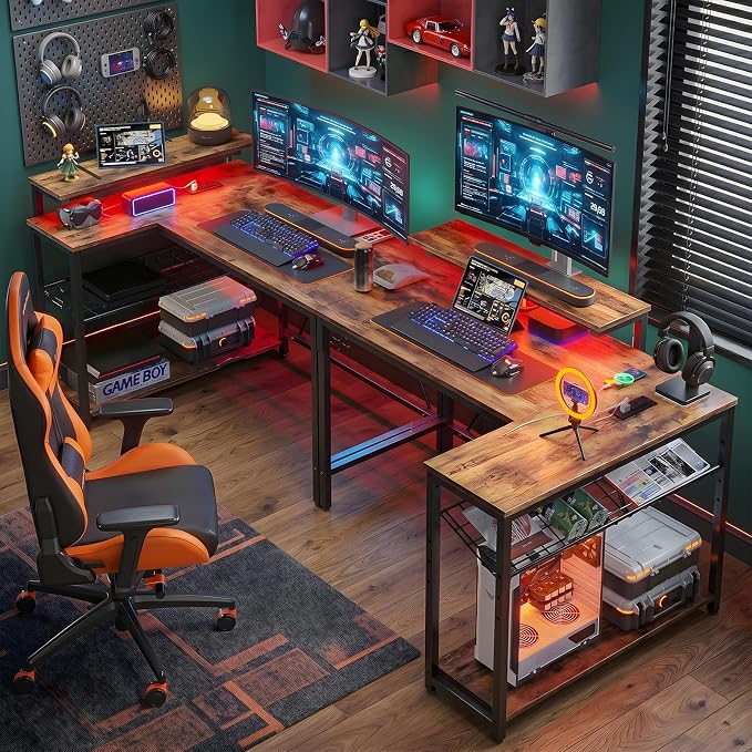Bestier 42-Inch L-Shaped Gaming Desk with Charging & LED, Rustic Brown | Charging 2AC+USB+Type-C, RGB LED 7 Colors/20 Modes, Reversible Storage Shelves, 3D Carbon Fiber, Headphone Hook, Small Space