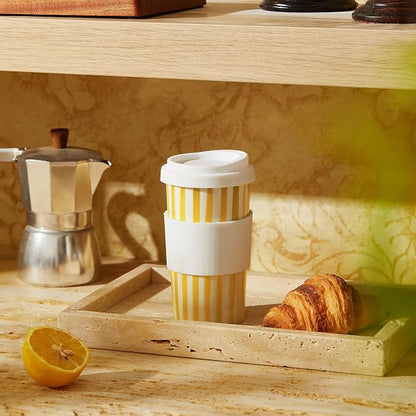 Ceramic Travel Mug with Lid (12 oz) – Cute Coffee Cup for Women & Men, Bright Aesthetic Travel Mug, Microwave & Dishwasher Safe, Fits Car Cup Holder (Yellow)