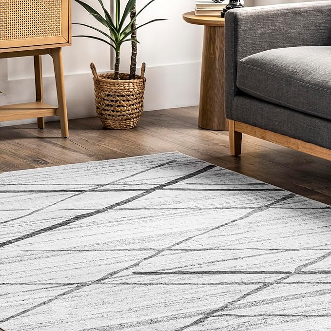 nuLOOM Trellis Stripes Machine Washable Ultra Thin Area Rug, 8' x 10', Light Grey