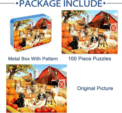 LELEMON Puzzles for Kids Ages 4-6,Pasture 100 Piece Puzzles for Kids Ages 6-8 in a Metal Box,Educational Jigsaw Puzzles,Childrens 100 Piece Puzzle Games Puzzle Toys for Girls and Boys