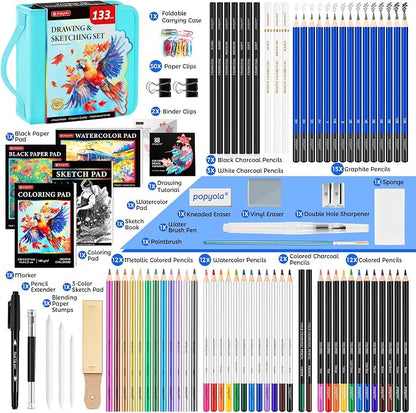 133 Pack Art Supplies Sketching Kit with Sketch Book, Coloring Book, Watercolor Pad, Black Paper Pad, Tutorial, Graphite Colored Charcoal Watercolor & Metallic Pencils for Artists Beginners Adults