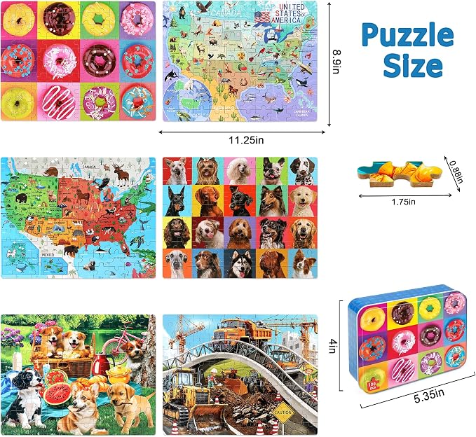 LELEMON Puzzles for Kids Ages 4-6,6 Pack 100 Piece Puzzles for Kids Ages 4-8 in a Metal Box,Educational Jigsaw Puzzles Puzzle Games Puzzle Toys for Girls and Boys