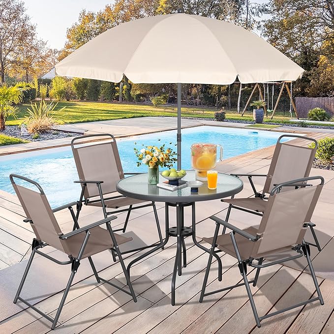 Vongrasig 6 Pieces Folding Patio Dining Set, All Weather Small Metal Outdoor Table and Chair Set, Garden Patio Furniture Set w/Umbrella, Glass Table & 4 Folding Chairs for Lawn, Backyard, Brown