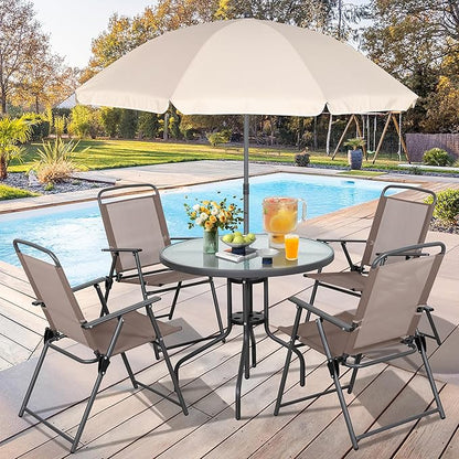 Vongrasig 6 Pieces Folding Patio Dining Set, All Weather Small Metal Outdoor Table and Chair Set, Garden Patio Furniture Set w/Umbrella, Glass Table & 4 Folding Chairs for Lawn, Backyard, Brown