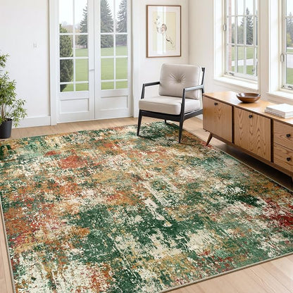 RELEANY Washable Area Rugs 7'x9' Non-Slip Modern Abstract Soft for Living Room Entryway Bedroom Kitchen, Print Pattern, Green Orange Rust Red Cream Colorful
