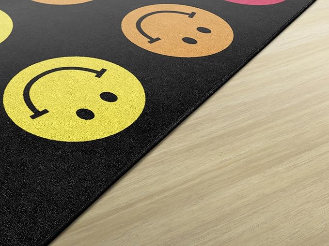 Flagship Carpets Schoolgirl Style Rainbow Smileys in Black Criss-Cross Applesauce Educational Area Rug for Kids Room, Children's Classroom for Teaching & Playroom, 7'6" x 12', Black & Multi, Seats 28