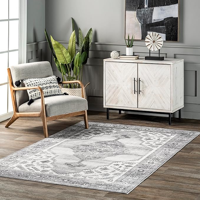 nuLOOM Gracie Distressed Medallion Machine Washable Ultra Thin Area Rug, 5x8, Grey