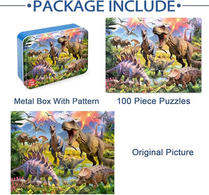LELEMON Puzzles for Kids Ages 4-6,Dinosaur 100 Piece Puzzles for Kids Ages 6-8 in a Metal Box,Educational Jigsaw Puzzles,Childrens 100 Piece Puzzle Games Puzzle Toys for Girls and Boys