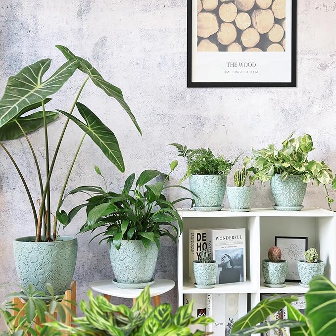 6 Inch Retro Ceramic Planter Set of 2 with Drainage Hole and Saucer for Plants, Indoor-Outdoor Garden Pots for Succulent, Orchid, and Flower (Fits Inner Pots Up to 5 Inches, Retro Green)