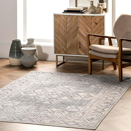 nuLOOM Mia Machine Washable Geometric Medallion Ultra Thin Area Rug, 8' Square, Light Grey