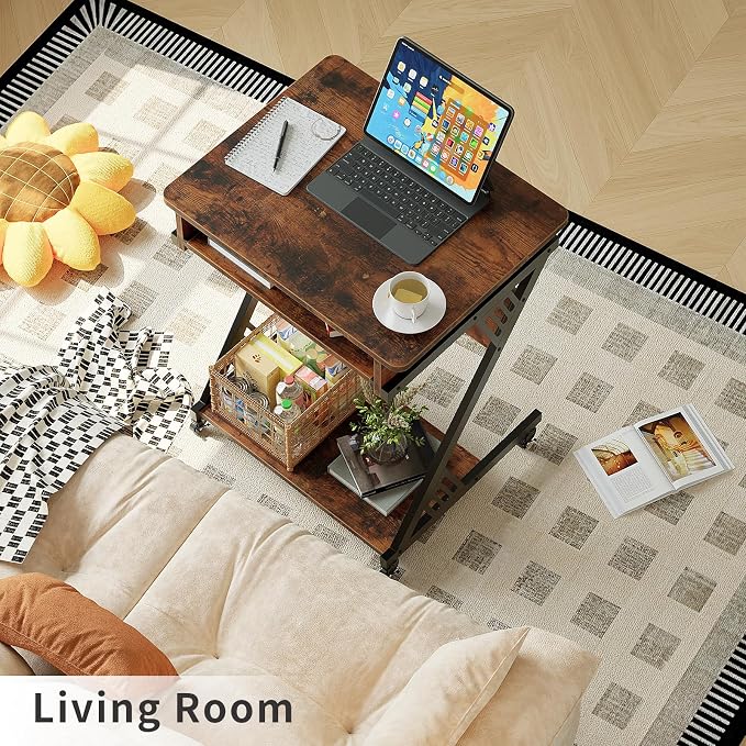ALISENED Computer Desk for Small Spaces, 23.6" Z-Shaped Compact Study Table with Smooth Keyboard Tray with Wheels and Bottom Shelves for Home Office, Computer Cart Mobile Laptop Cart, Rustic Brown | 23.6" Z-Shaped, with Wheels and Bottom Shelves, for H...