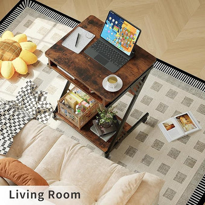ALISENED Computer Desk for Small Spaces, 23.6" Z-Shaped Compact Study Table with Smooth Keyboard Tray with Wheels and Bottom Shelves for Home Office, Computer Cart Mobile Laptop Cart, Rustic Brown | 23.6" Z-Shaped, with Wheels and Bottom Shelves, for H...
