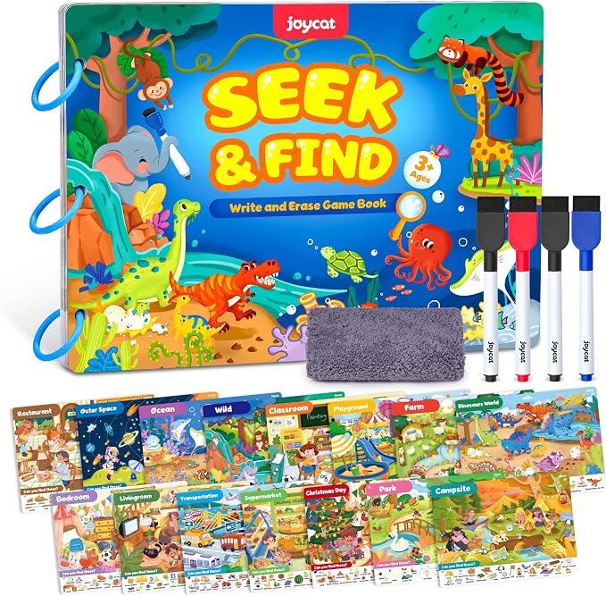 JoyCat Seek & Find Game Books - Preschool Learning Activity for Toddlers & Kids Ages 3-5, Travel Activities Toys for Road Trip Car Airplane, Busy Book, Birthday Gifts for Girls and Boys Ages 4-8