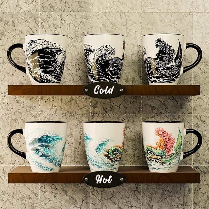 Color Changing Mermaid Coffee Mug 12oz – Heat Sensitive Ceramic Cup with Ocean Waves & Dolphin Design, Coastal Beach Theme Mug, Unique Christmas Holiday Birthday Gift for Mermaid Lovers, Men & Women