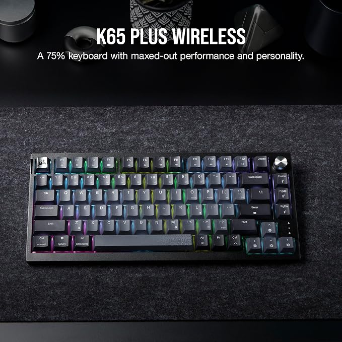 Corsair K65 Plus Wireless 75% RGB Mechanical Gaming Keyboard – Pre-Lubricated MLX Red Linear Switches – PBT Dye-Sub Keycaps – PC, Mac, PS5, PS4, Xbox, iPad – QWERTY NA – Black/Gray