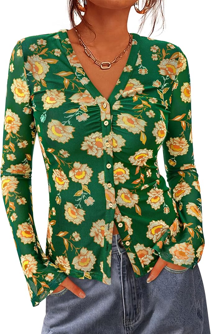 BTFBM Button Down Shirts for Women 2026 Fall Boho Tops V Neck Long Sleeve Blouses Ruched Mesh Fitted Fashion Clothing