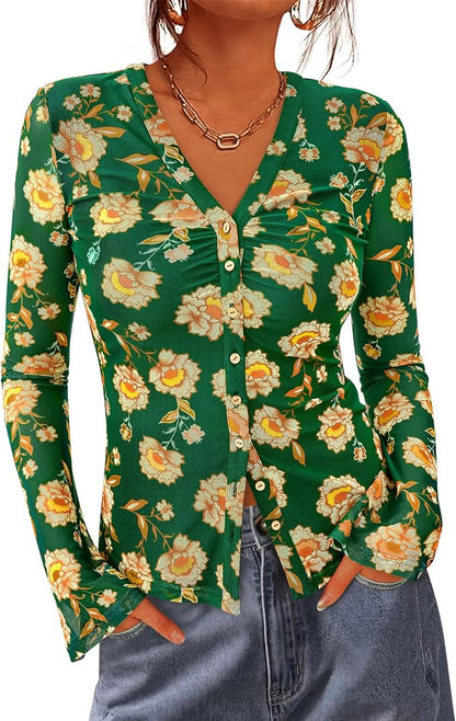 BTFBM Button Down Shirts for Women 2026 Fall Boho Tops V Neck Long Sleeve Blouses Ruched Mesh Fitted Fashion Clothing