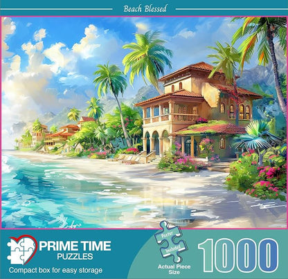 1000 Piece Jigsaw Puzzle for Adults - Elegant Beach House Near The Blue Ocean Waves with Tropical Flowers - Challenging Puzzle Perfect for Game Night - Hawaii Paradise - 20x27 inch