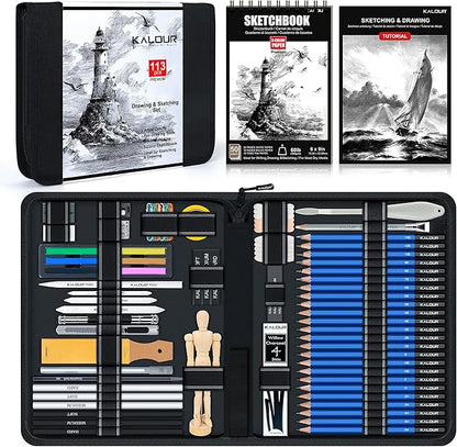 KALOUR 113PCS Drawing Set, Professional Sketching Kit with 3-Color Sketchbook,Graphite & Charcoal Pencils, Wooden Mannequin, Art Tools in Zipper Case, Art Supplies for Beginners & Artists Gift