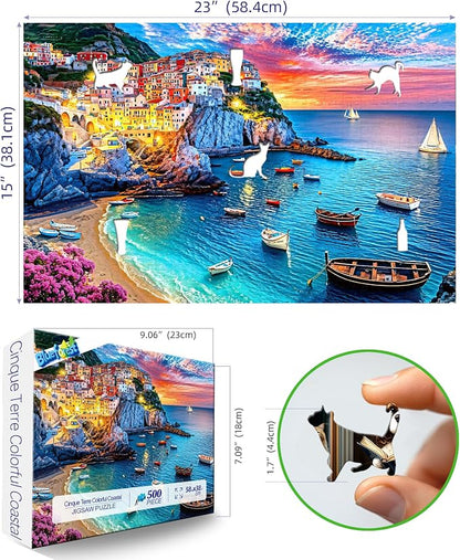 Cinque Terre Coastal Twilight 500 Piece Puzzle for Adults, Fun Puzzles for Adults 500 Pieces with HD Print & Poster, 23 * 15 Inch Dust Free, for Gifts Halloween Christmas Family Lovers