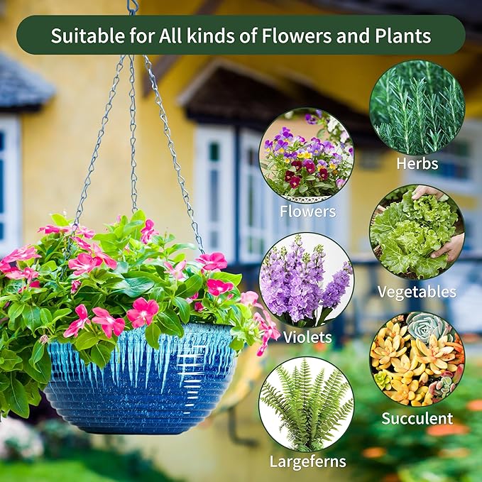 12 inch Hanging Planters for Indoor Outdoor Plants, 2 Pack Large Hanging Flower Pots with Drainage Holes and Chain, Glazed Hanging Baskets for Home Garden Decoration (Blue Flow Glaze)