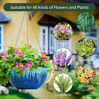 12 inch Hanging Planters for Indoor Outdoor Plants, 2 Pack Large Hanging Flower Pots with Drainage Holes and Chain, Glazed Hanging Baskets for Home Garden Decoration (Blue Flow Glaze)