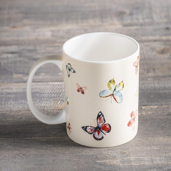 Maison d' Hermine Coffee Mug with Handles Tea Cups (12 Ounce, Pack of 1) | Fine Bone China Coffee Mugs for Hot Beverages Cappuccino Latte Home Restaurant Spring Summer -Botanical Fresh - Butterflies