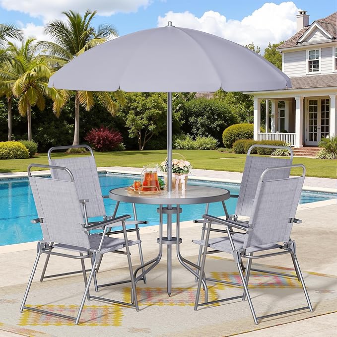 Shintenchi 6 Piece Patio Dining Set with Umbrella, Outdoor Furniture Set with 4 Folding Chairs and Tempered Glass Top Dining Table fot Lawn Backyard Garden Porch, Silver