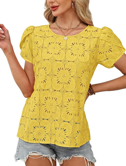 OFEEFAN Blouses for Women Dressy Casual Petal Short Sleeve Shirts Crochet Lace Boho Tops Spring Fashion Summer Outfits